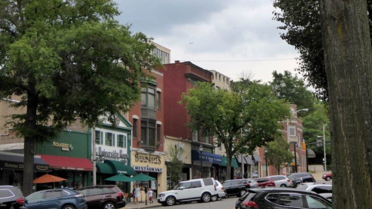 Tree-lined street in downtown Englewood, NJ with local shops, restaurants, parked cars, and historic architecture.