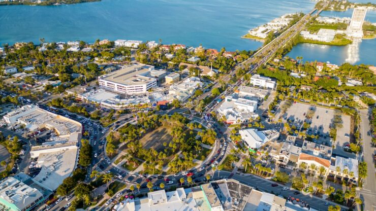 Aerial photo of St. Armands Circle on a sunny day in Sarasota, FL