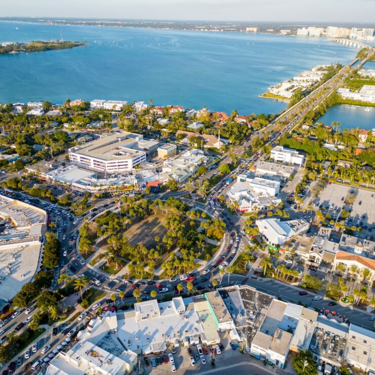 Aerial photo of St. Armands Circle on a sunny day in Sarasota, FL