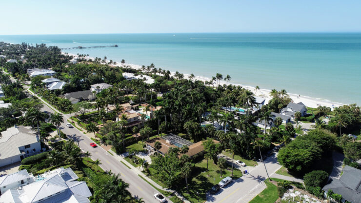 Aerial view of beachfront homes and palm-lined streets in Venice, FL.
