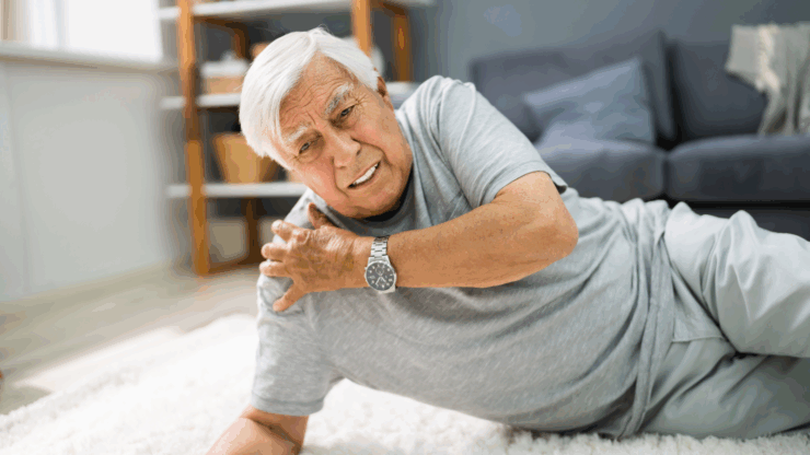 Elderly man with white hair in a gray shirt lies on a carpet, clutching his shoulder in pain