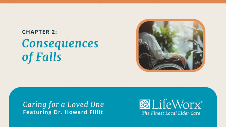 Chapter 2: Consequences of Falls - A person in a wheelchair gazes out a window with plants, symbolizing reflection. Text mentions Dr. Howard Fillit and LifeWorx elder care.