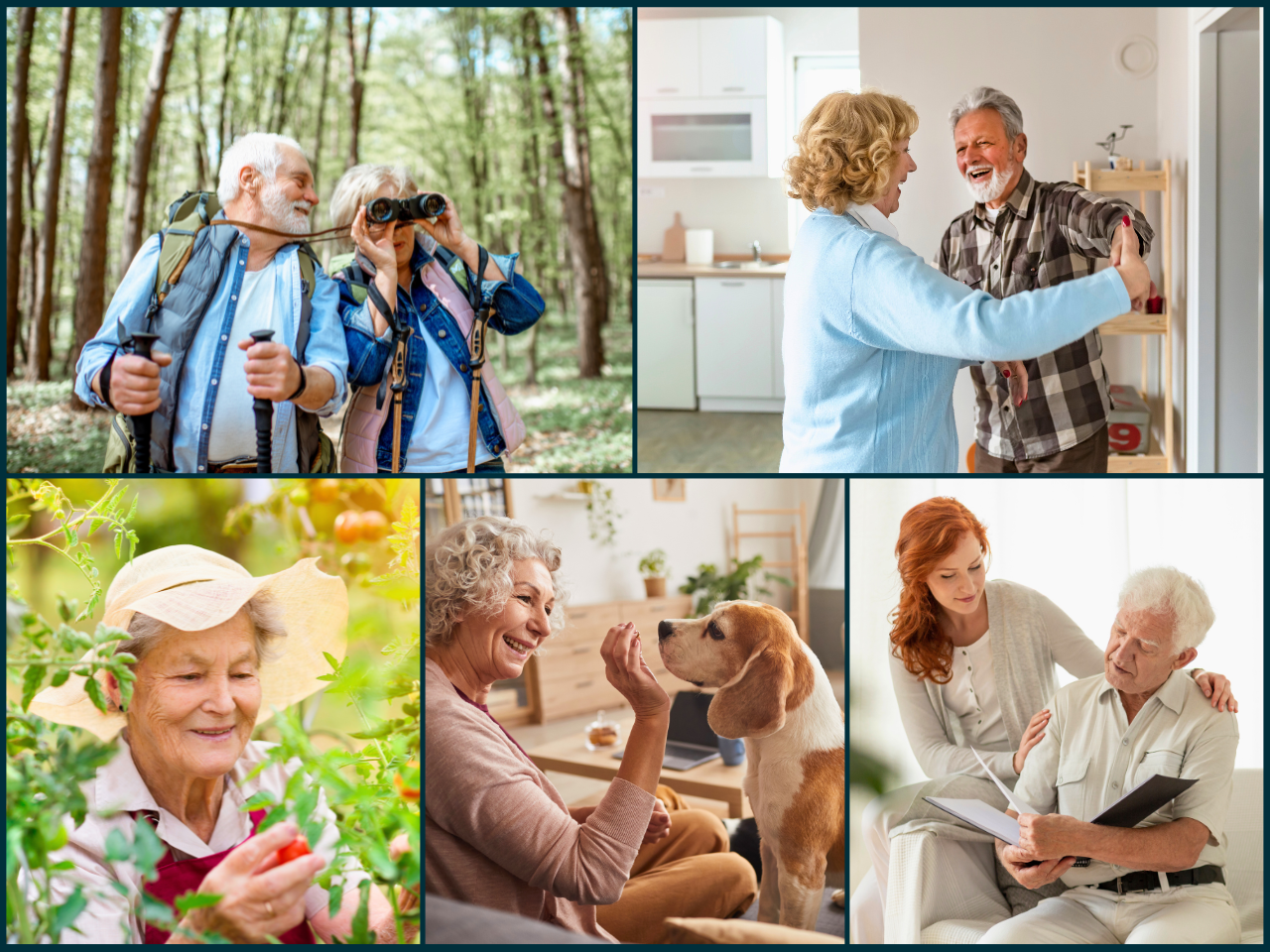 Collage of photos of seniors engaging in different activities.