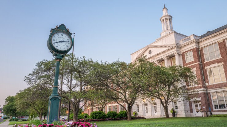 Classic town hall with a clock tower, surrounded by lush trees and vibrant flower beds under a clear blue sky.