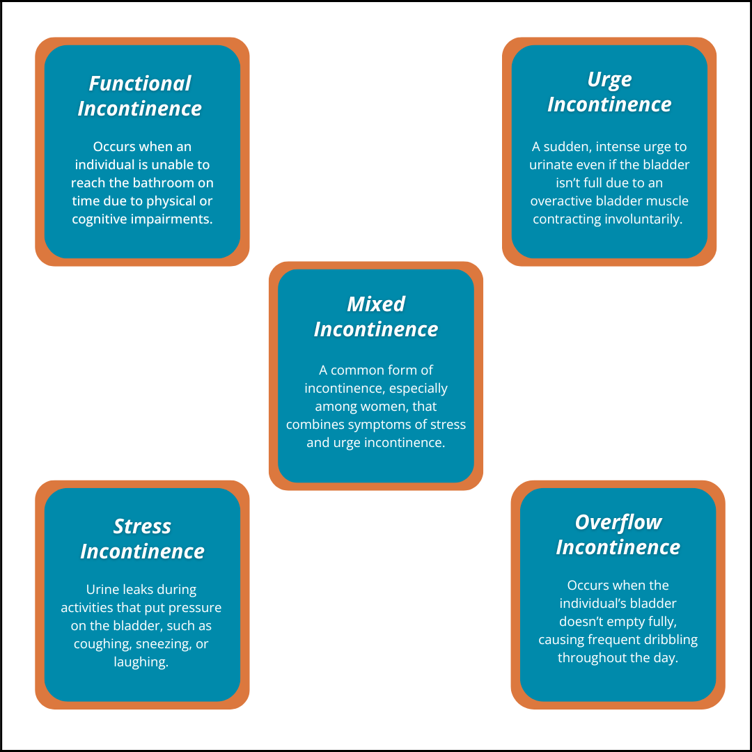 This image describes five types of incontinence: Functional, Urge, Stress, Mixed, and Overflow Incontinence, each with brief explanations.