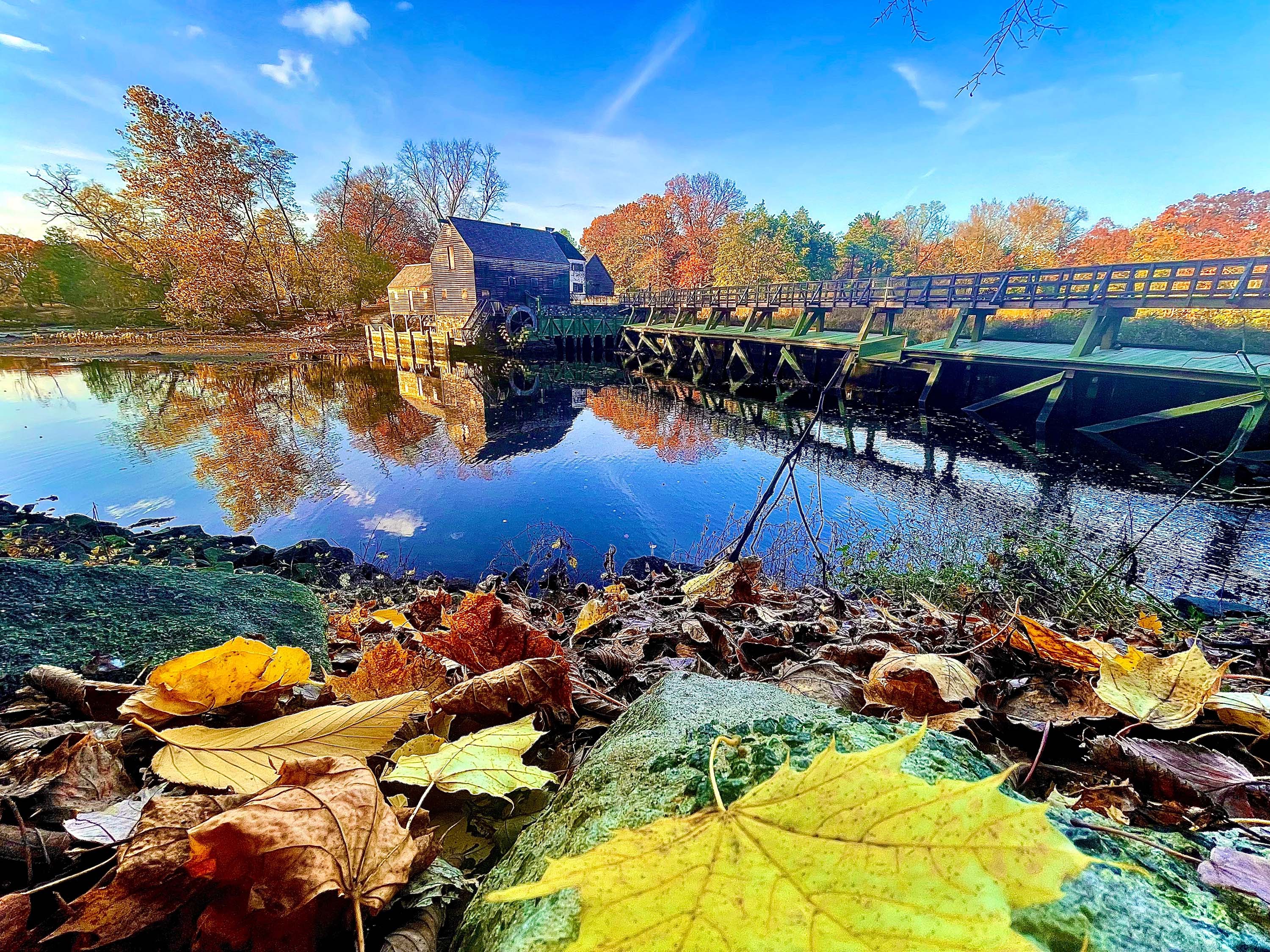 Autumn landscape in Tarrytown, NY, with fallen leaves, a wooden house, bridge, and reflecting water.