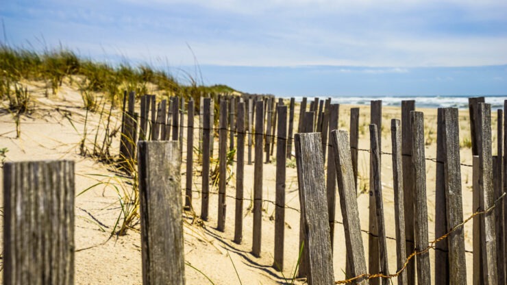 Wooden fence lines sandy beach dunes under a partly cloudy sky. Grasses grow sporadically, and the ocean is visible in the background.