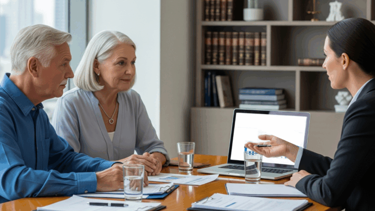 An older couple attentively listens to a businesswoman explaining financial documents in an office. A laptop and paperwork are on the table.