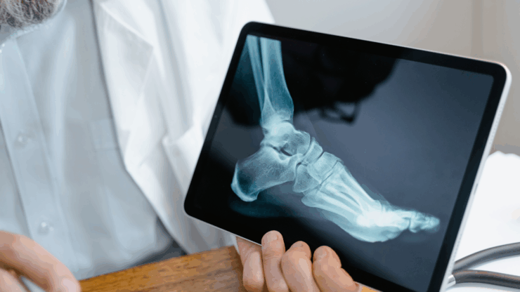 Doctor holding a tablet displaying an X-ray image of a foot and ankle. The setting suggests a medical consultation for modern podiatry.