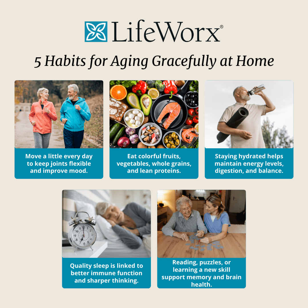 LifeWorx infographic titled '5 Healthy Habits for Aging Gracefully at Home' with images. 1: Older couple walking. 2: Colorful fruits and proteins. 3: Man drinking water. 4: Elderly person sleeping. 5: Elderly woman doing a puzzle with caregiver. Emphasizes movement, diet, hydration, sleep, and mental activities.