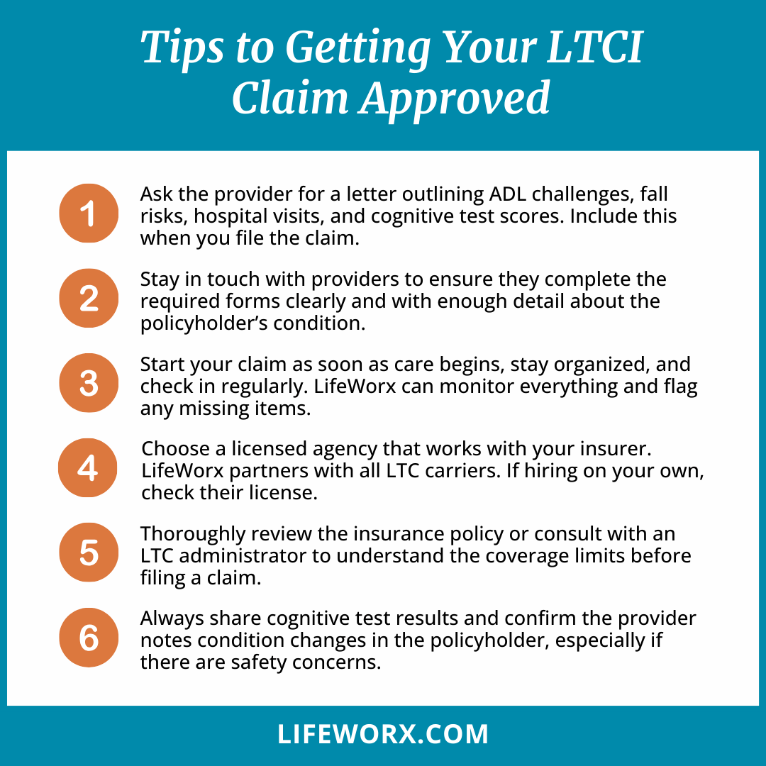 Tips for Getting LTCI Claim Approved. Steps include obtaining provider letters, staying organized, and reviewing insurance policy. LifeWorx.com.