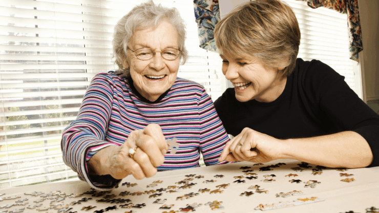 Two women, one elderly and one middle-aged, are joyfully assembling a jigsaw puzzle together at a table. Sunlight streams through the blinds.