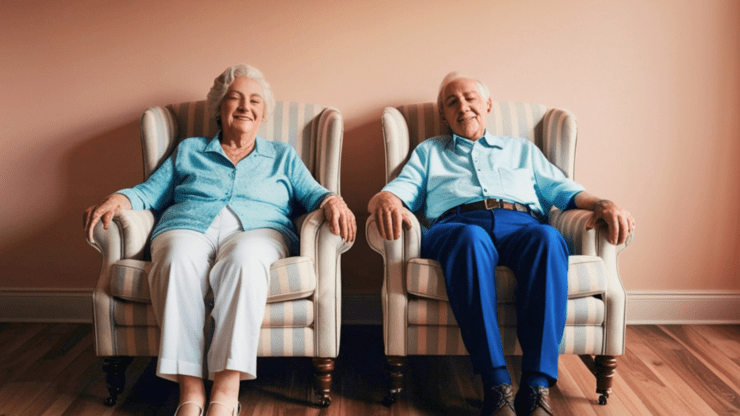 An elderly couple smiles warmly while sitting in matching striped armchairs on a wooden floor.
