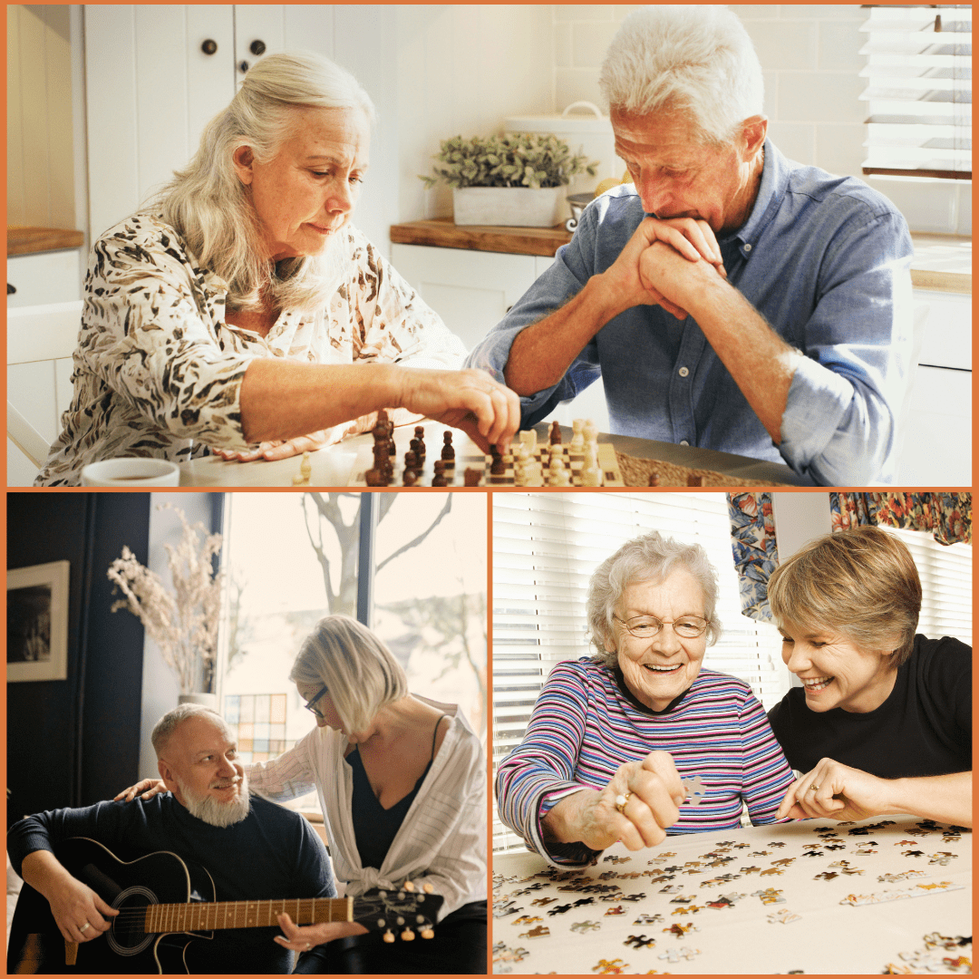 Elderly couple plays chess in a bright kitchen; below, an older man with a guitar is comforted by a woman, and two women work on a jigsaw puzzle, smiling.