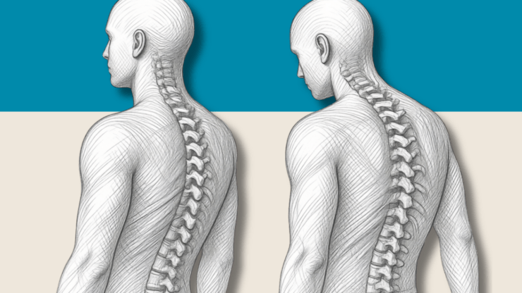 Illustration of two men viewed from the back, showing spinal alignment differences. Left spine curves naturally; right spine is abnormally curved. Background split in blue and beige.