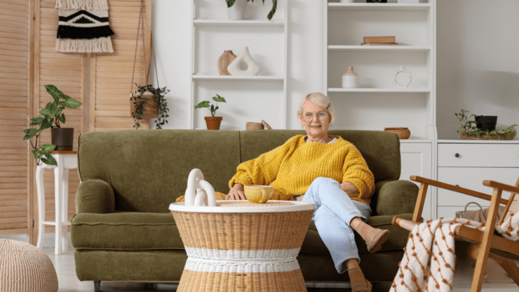 Smiling older woman in a mustard sweater relaxes on a green sofa, holding a mug in a cozy living room with plants and woven decor.